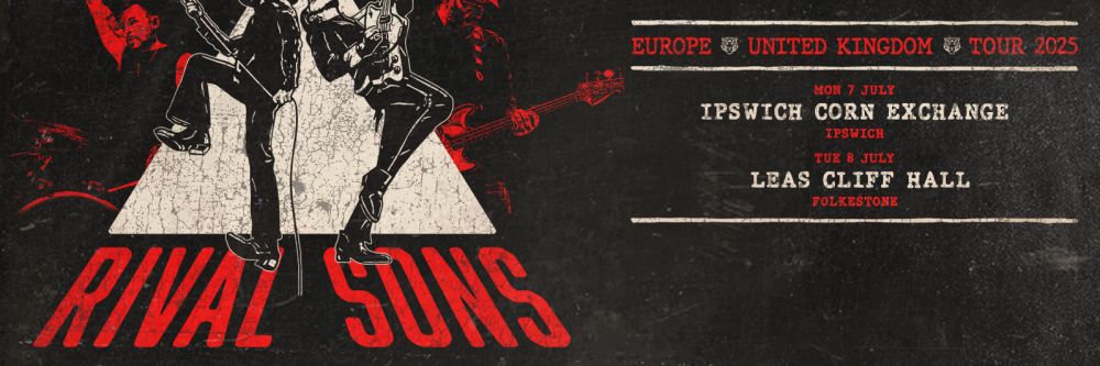 Band logo in red and cream with two men playing guitars, one singing and one playing the drums